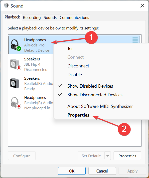 Properties to fix airpods low volume windows 11