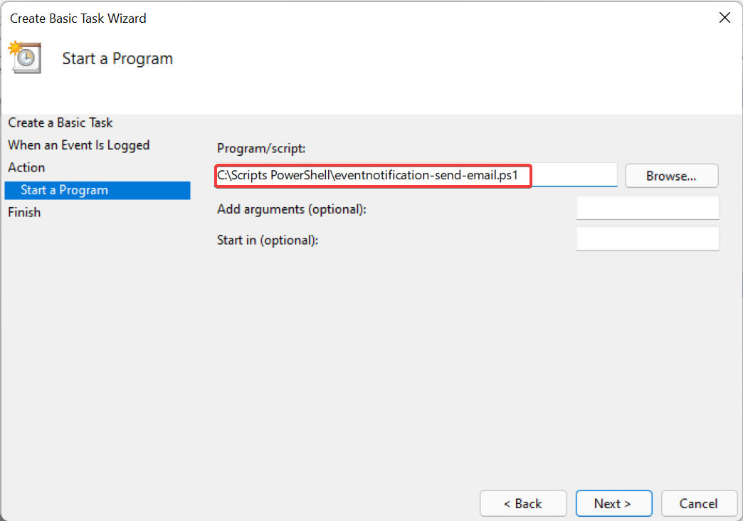 Entering the Program/script under Event viewer