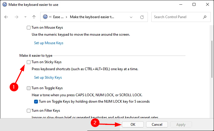 turn off sticky keys control panel settings