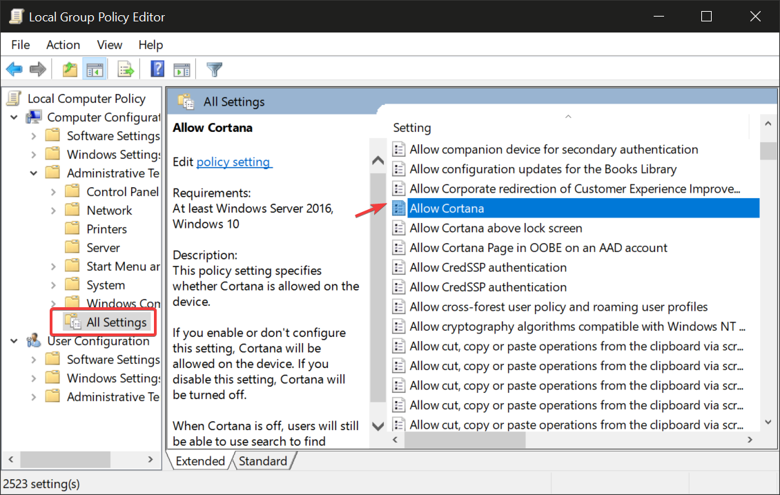 disable cortana windows 10