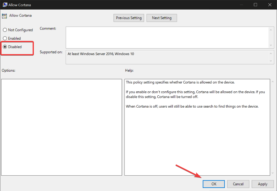 disable cortana windows 10