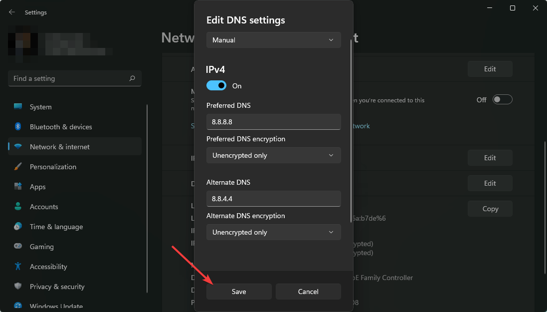 spara dns-inställningar win11