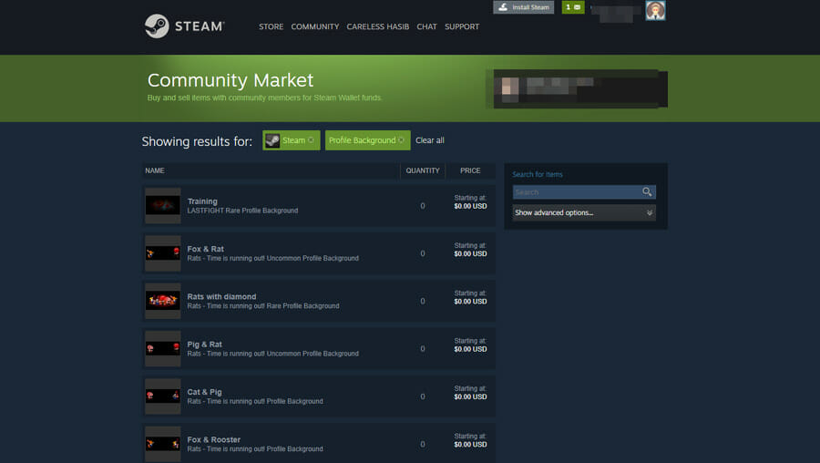Mercato della comunità di Steam per gli sfondi dei profili