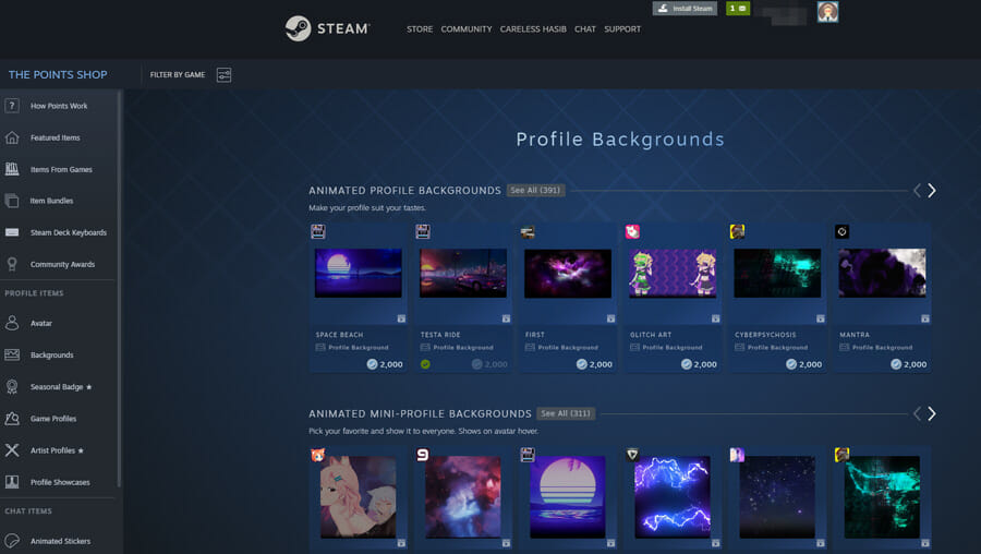 Acquista Steam Point per gli sfondi dei profili