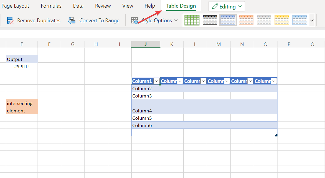 table-design excel spill error