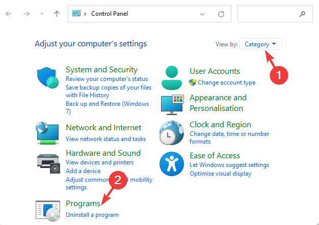 open programs in windows control panel