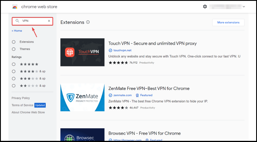 chrome store vpn