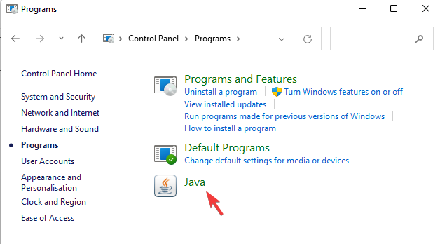 click on Java in programs to open Java settings