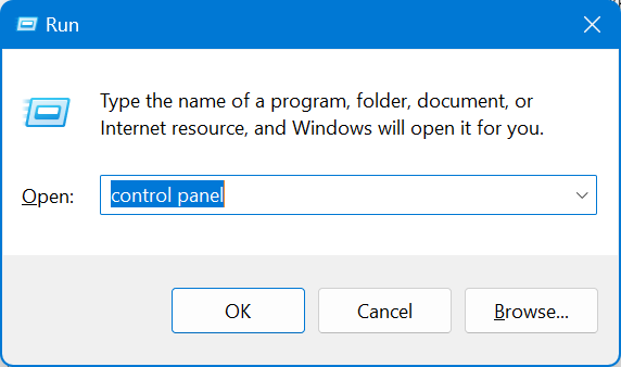 control panel in run