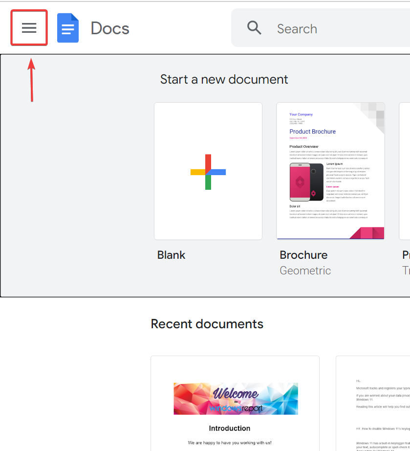 google docs main menu