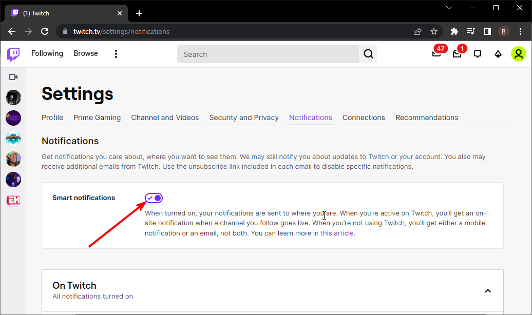 smart twitch notifications not working