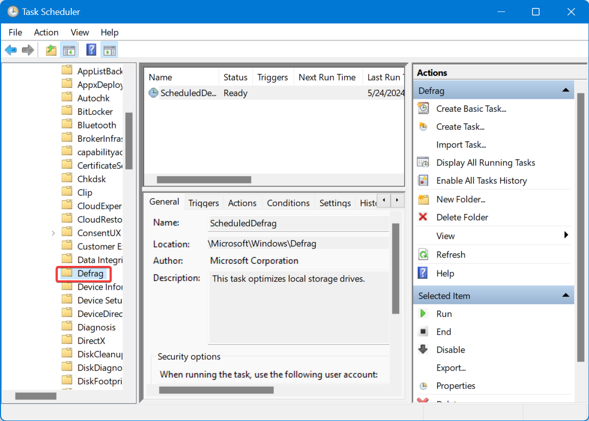 defrag folder in task scheduler