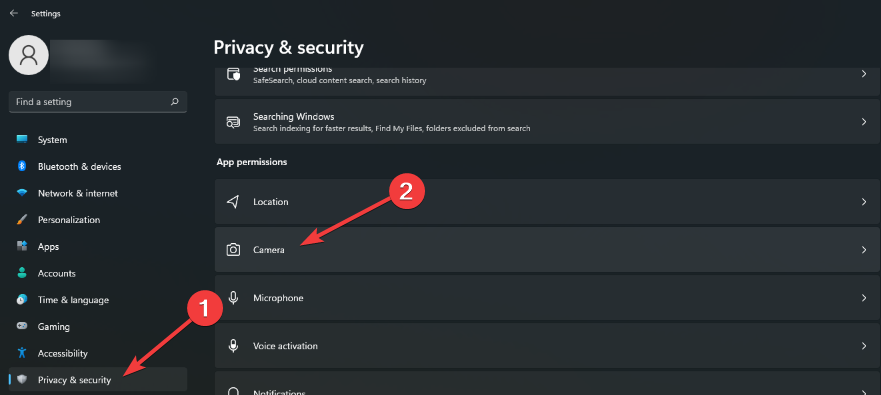 camera settings in privacy and security