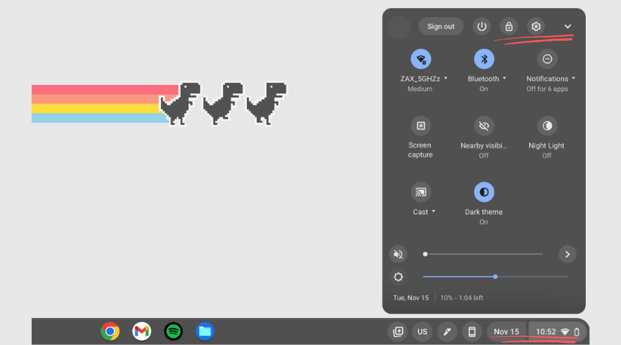 Action center on a Chromebook