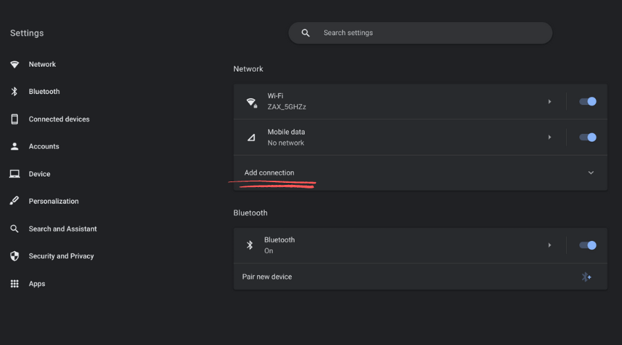 Add a connection on a Chromebook