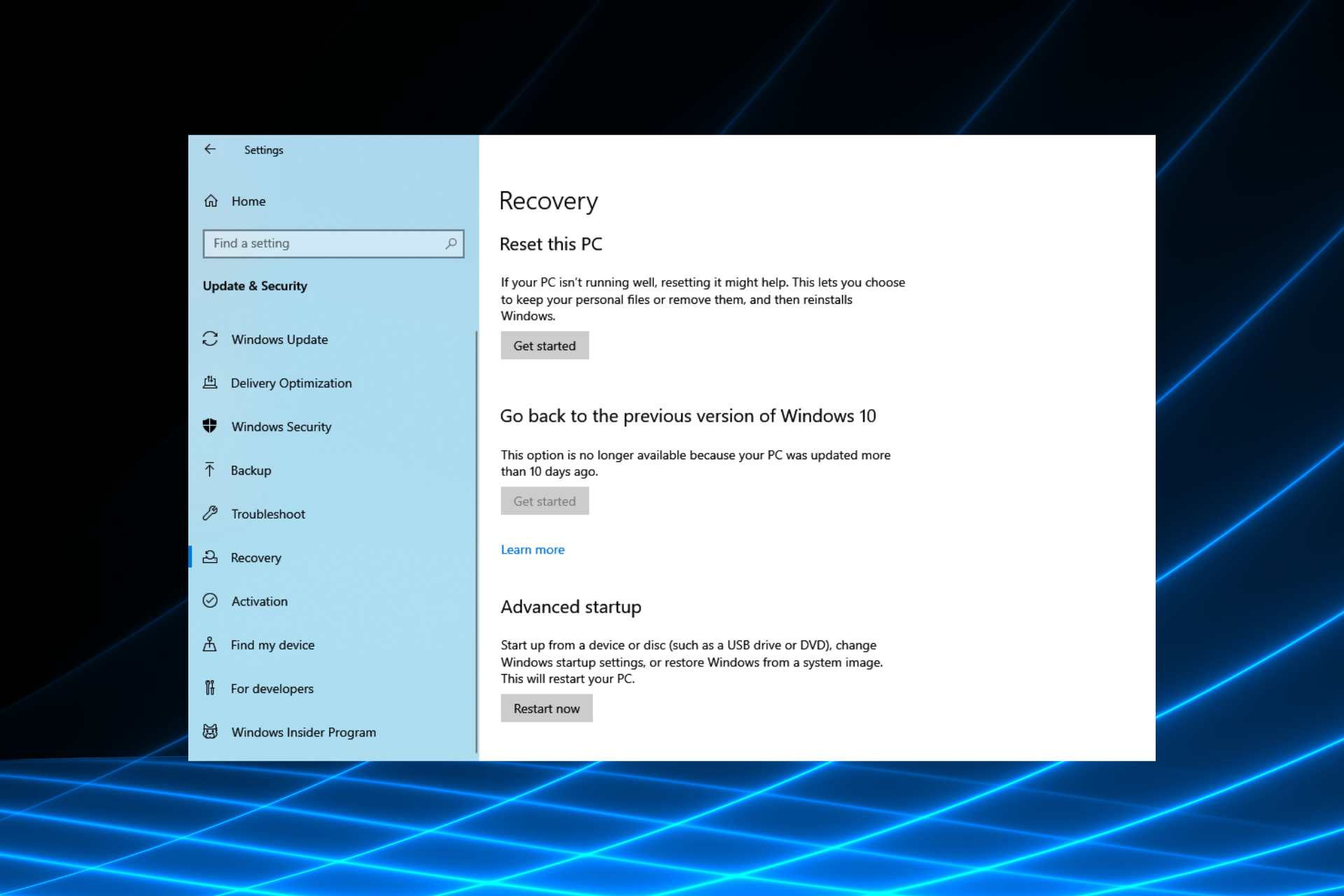 Fix recovery settings crashes in Windows