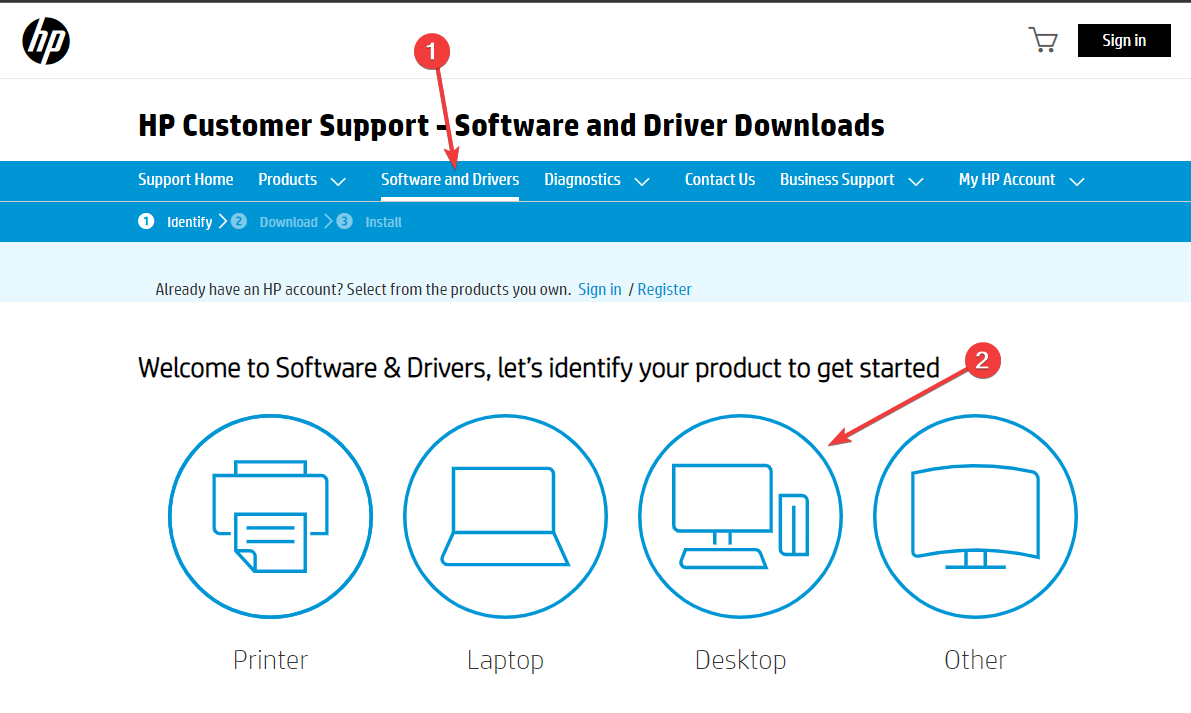 Página de suporte ao cliente HP, download do driver de áudio, instalação do Windows 10