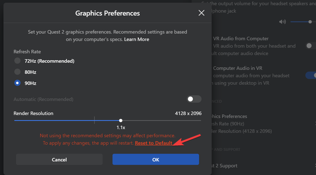 Reset to Default - oculus link is not working