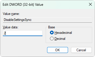 dsablesettingsync regedit value 2