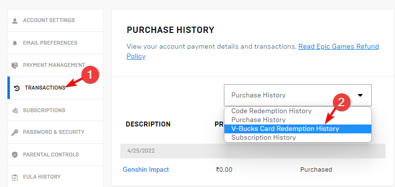VBucks card redemption history