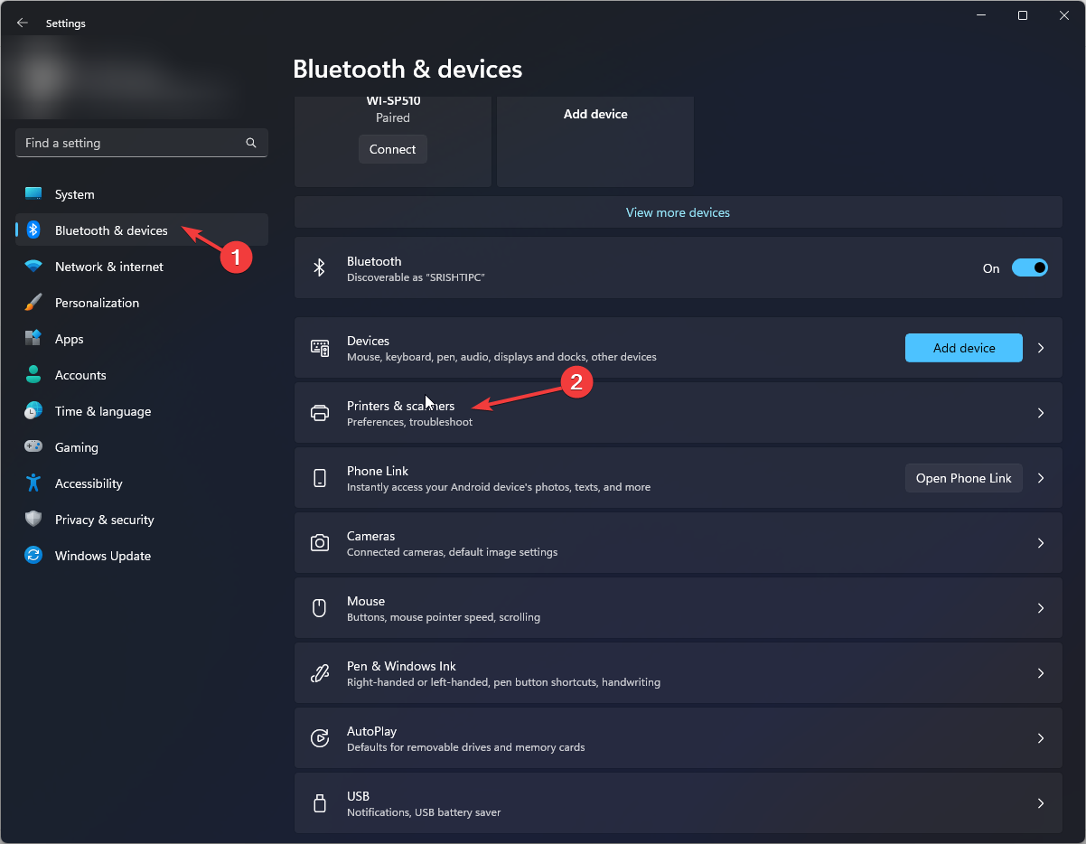 Bluetooth & drivers -windows 11 can't find printer