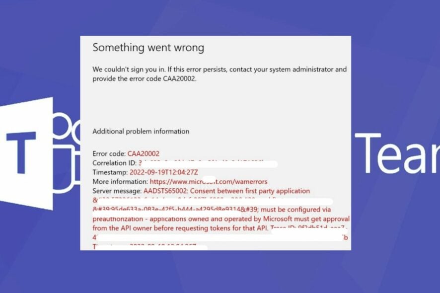 microsoft teams error code caa20002