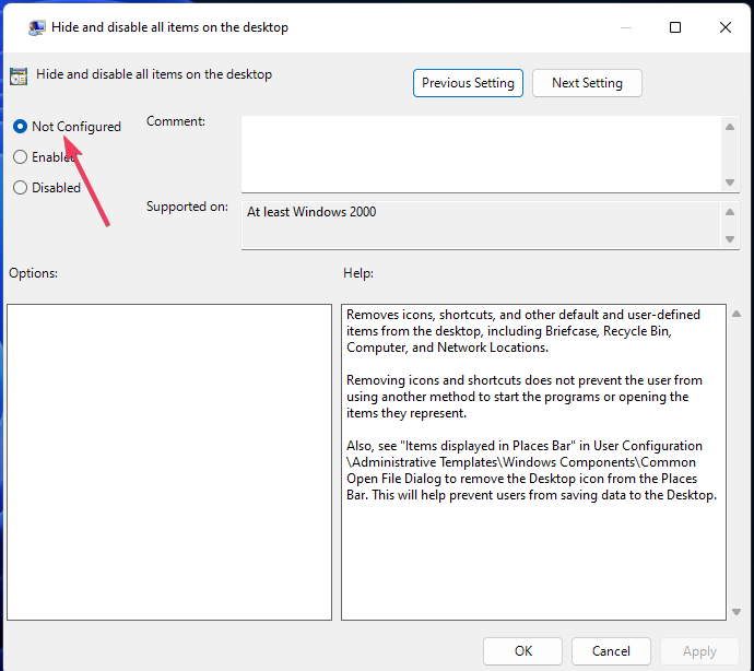 Not Configured radio button windows 11 desktop icons not showing