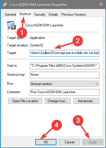 Change the target -this app can't run on your pc cisco asdm