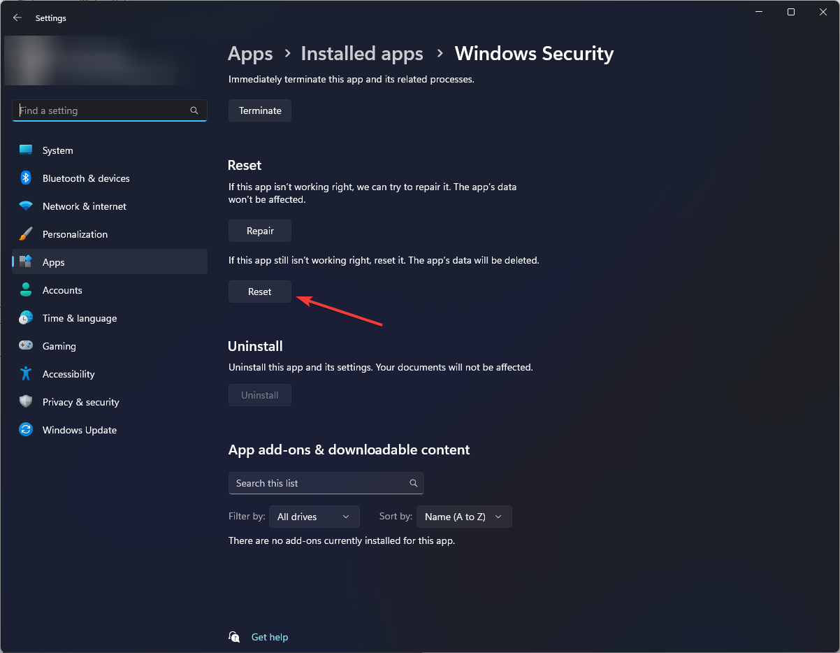 Reset Windows Security