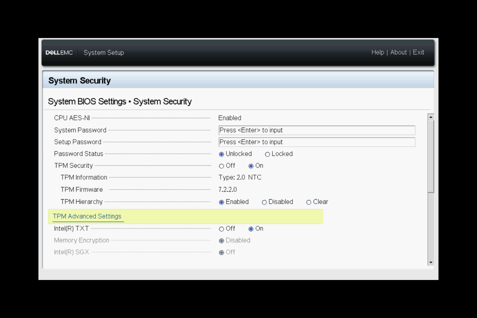 System BIOS -tpm 2.0 device detected but a connection cannot be established.