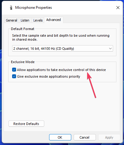 The Allow applications checkbox Allow applications checkbox microphone boost missing windows 11