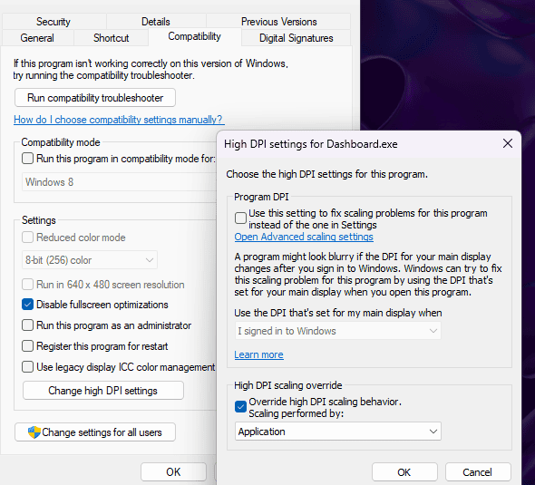 disable fullcreen optimization override dpi