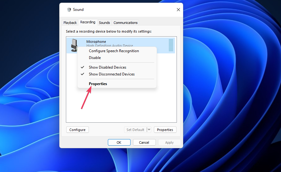 The Properties option Properties option microphone boost missing windows 11