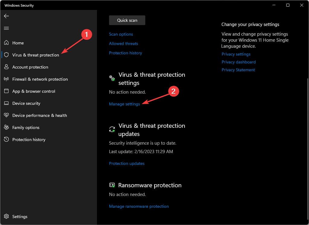 Manage settings