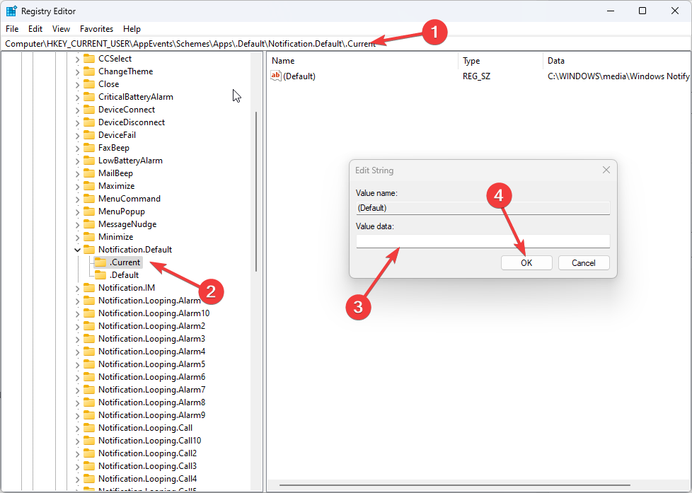 Registry Editor Value data How to Change Notification Sound in Windows 11