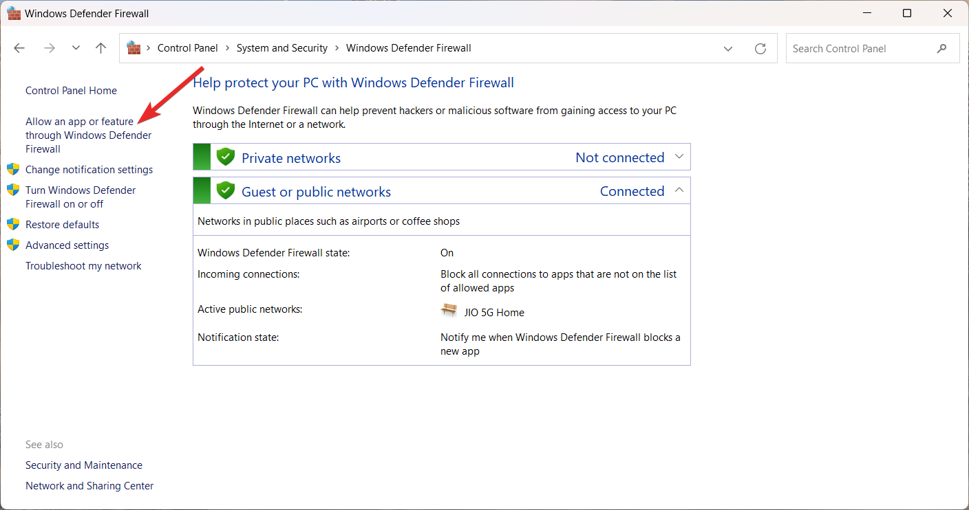 Allow an app or feature thorugh Windows Defender Firewall