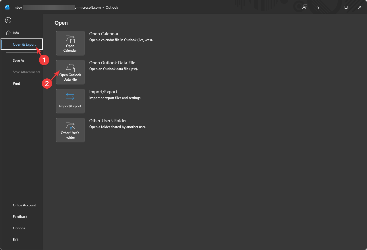 OPen Outlook data file outlook bak file