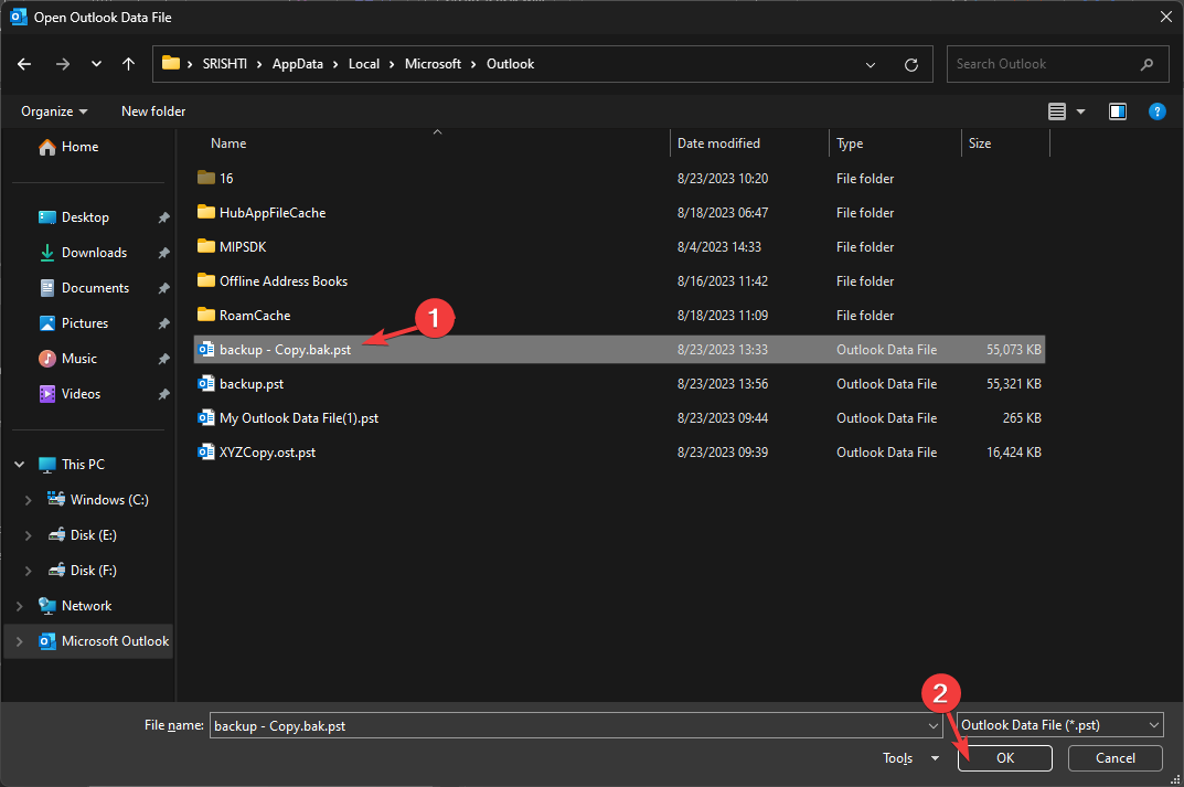 OUTLOOK_Select the file and click OK