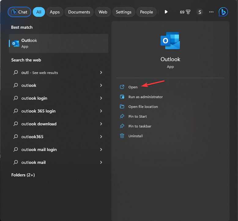 Outlook Start menu open