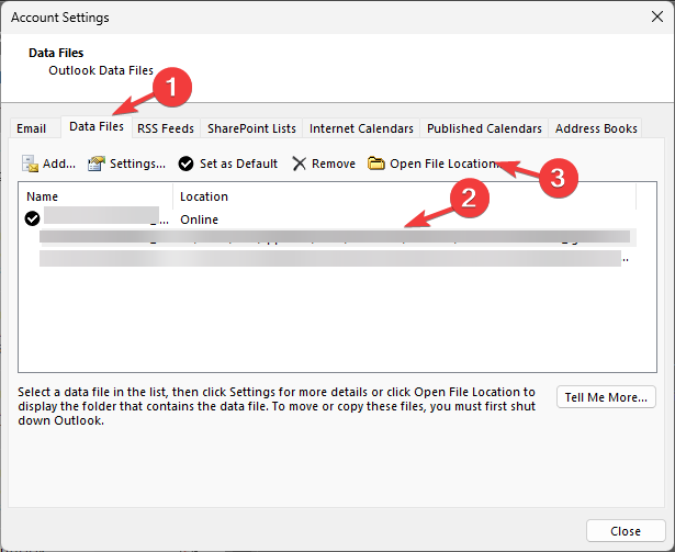 Open the Outlook BAK file using the Open File location option