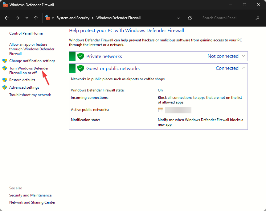 Turn on or off Windows Defender Firewall