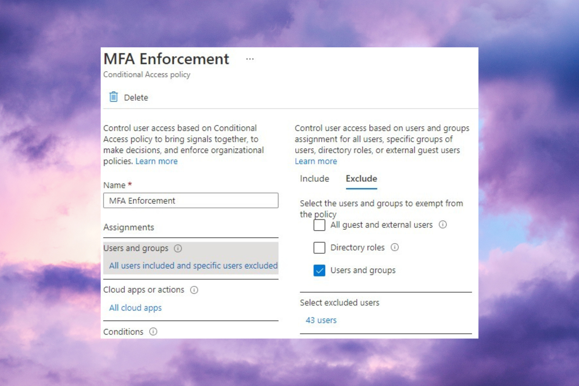 How to exclude a user from MFA in Azure