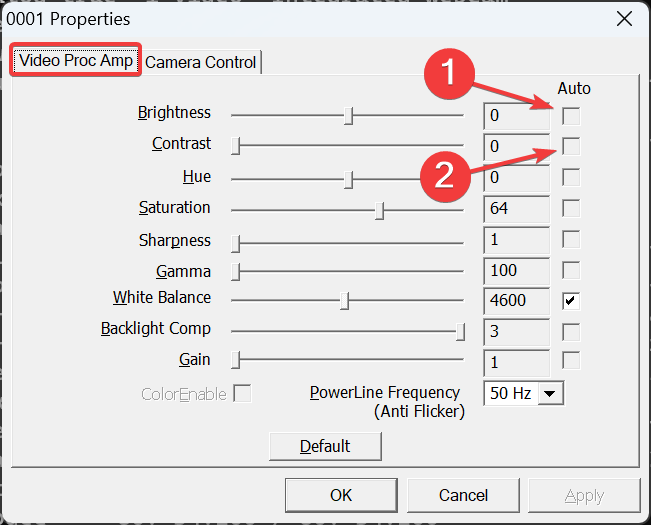 turn off auto brightness on webcam