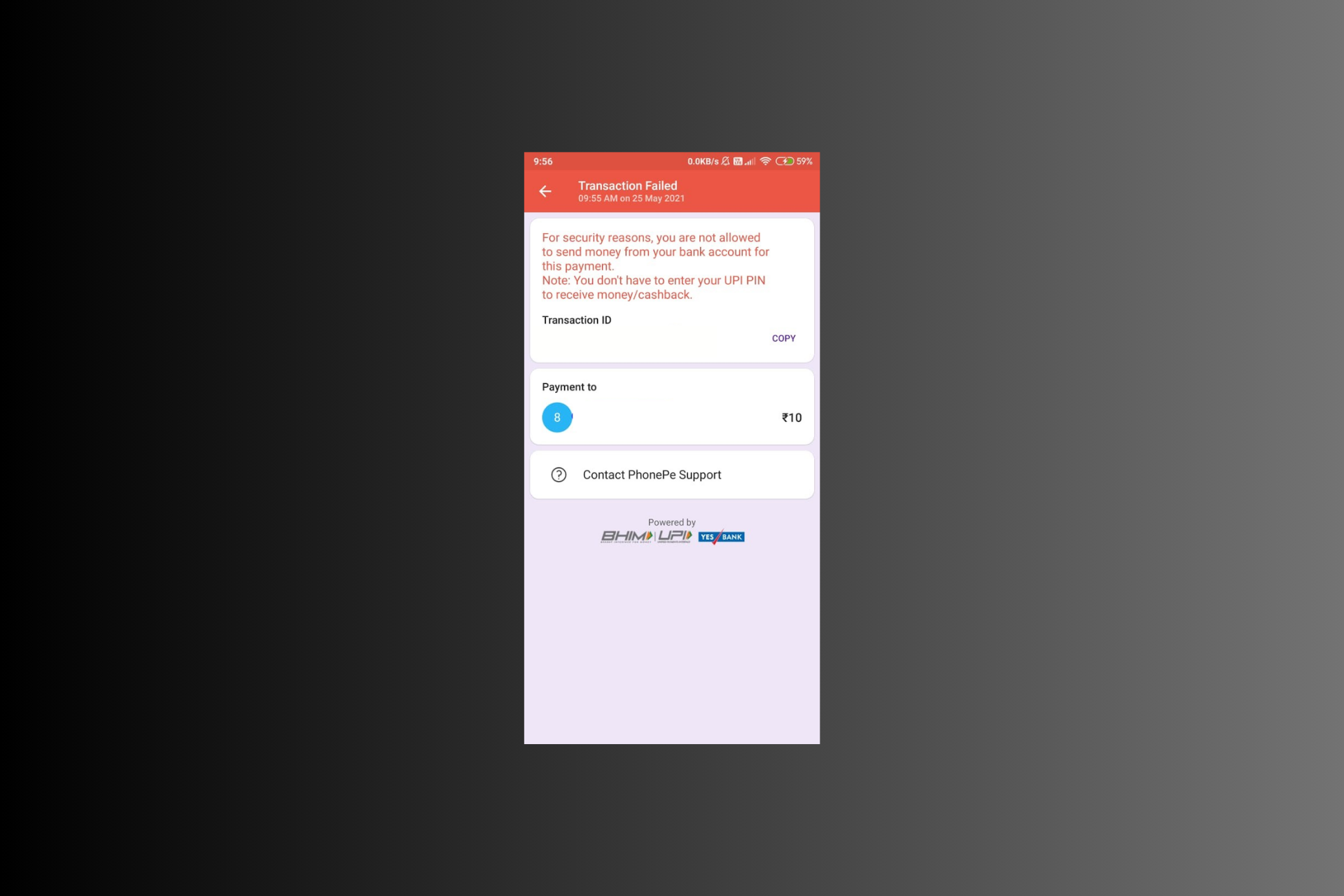 phonepe transaction failed due to security reasons