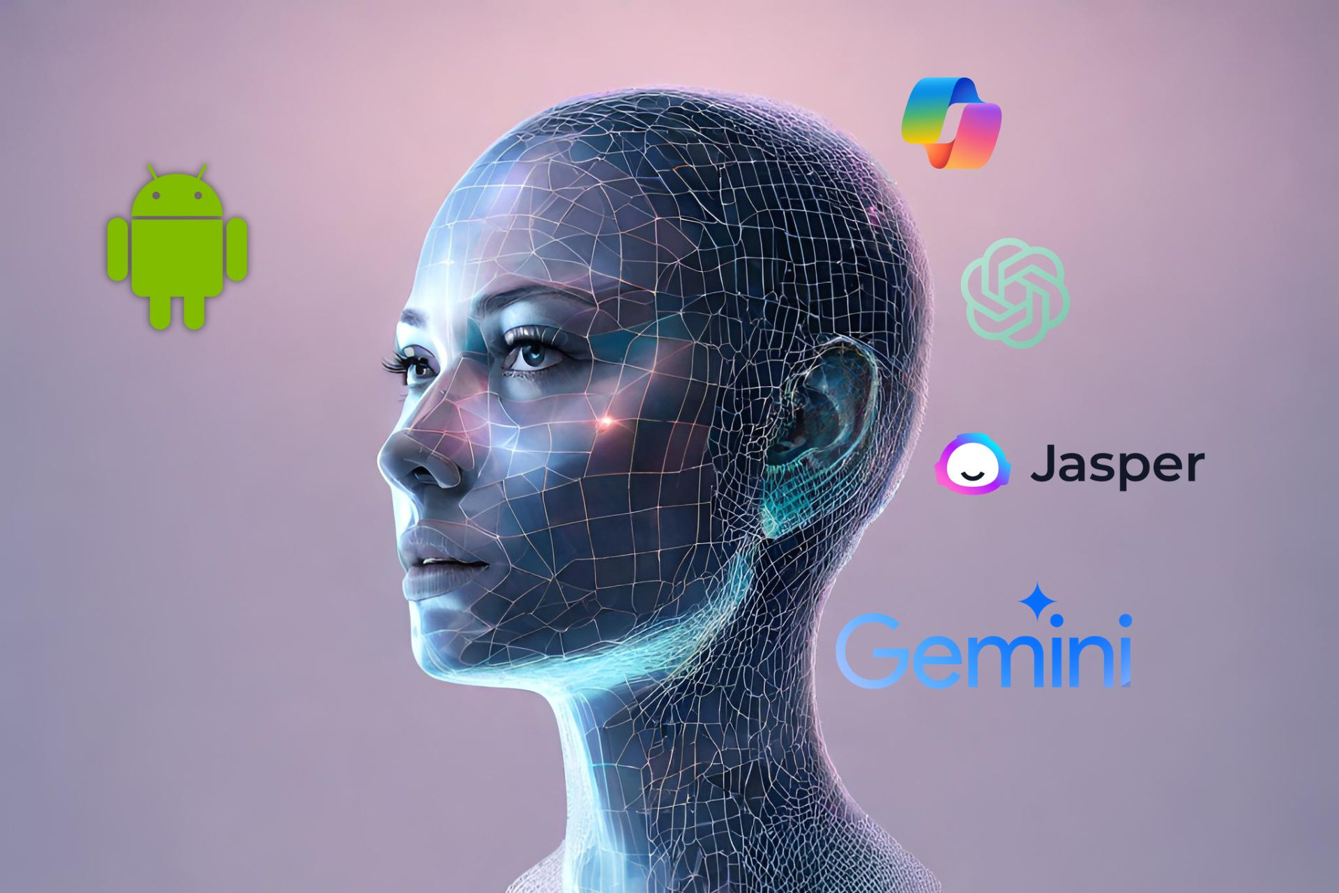 Chatbot logos behind an AI face who watches the Android Logo