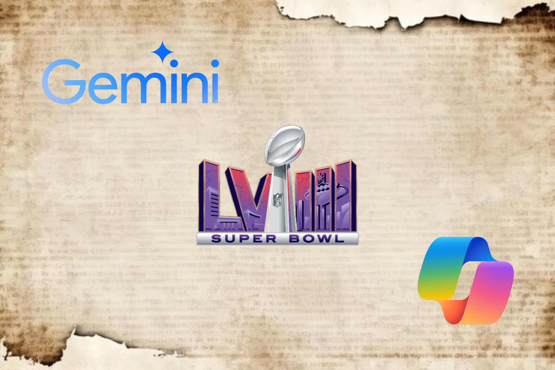 Super Bowl LVIII featuring Copilot and Gemini on a cardboard background