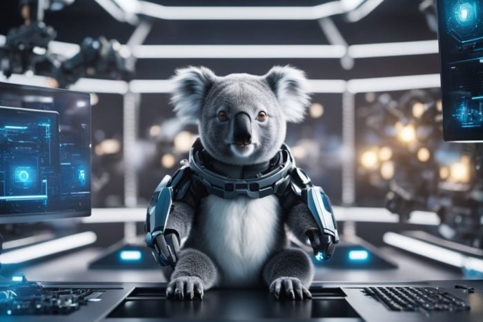 A stock image generated by using Koala AI of a koala bear using high tech.