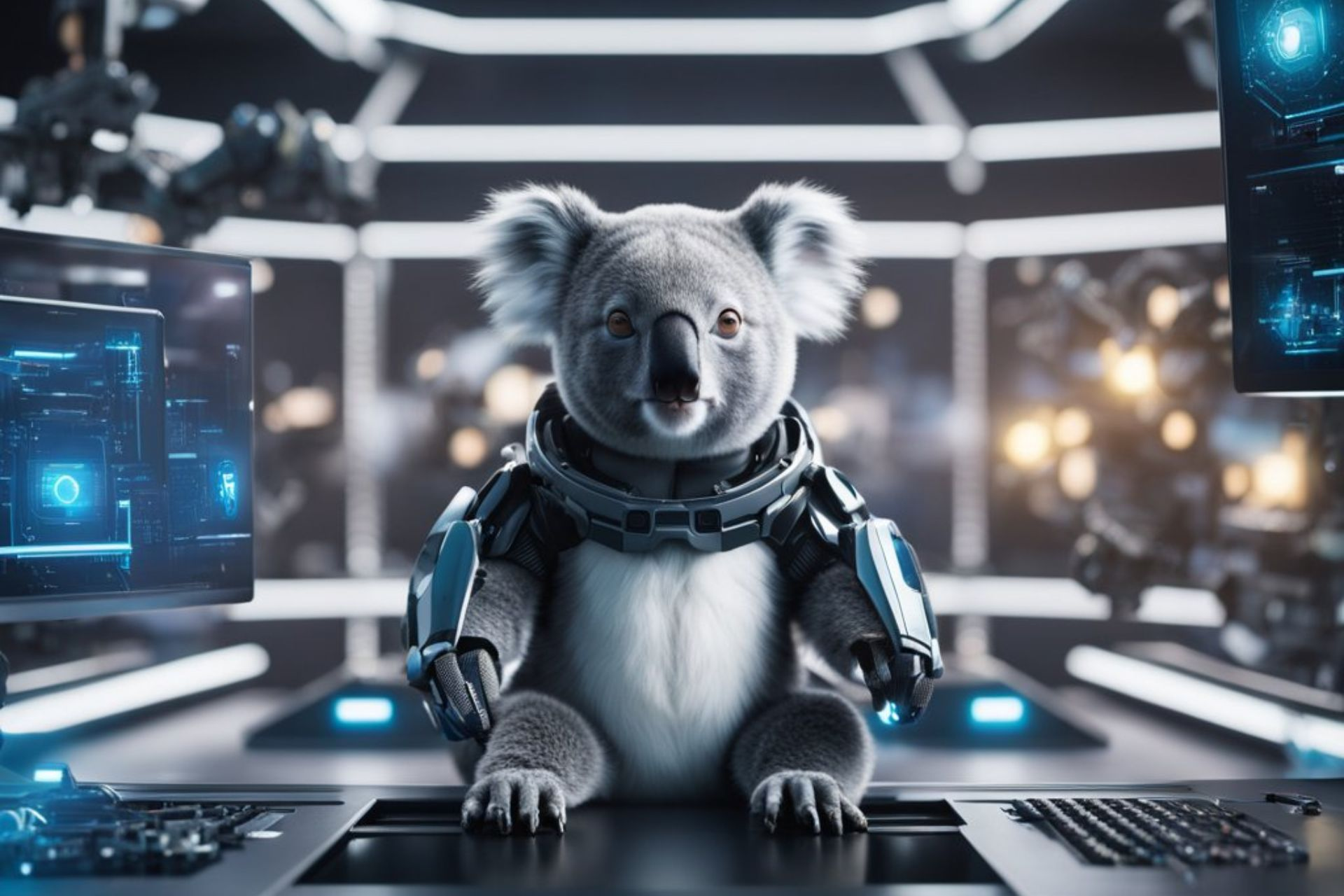 A stock image generated by using Koala AI of a koala bear using high tech.