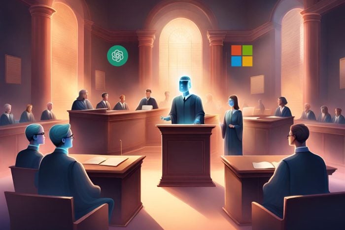 A law court generated by AI featuring Microsoft and OpenAI logos