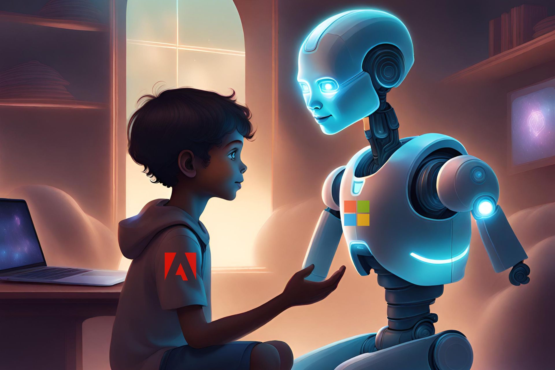A kid with an Adobe hoodie working together with Microsoft AI